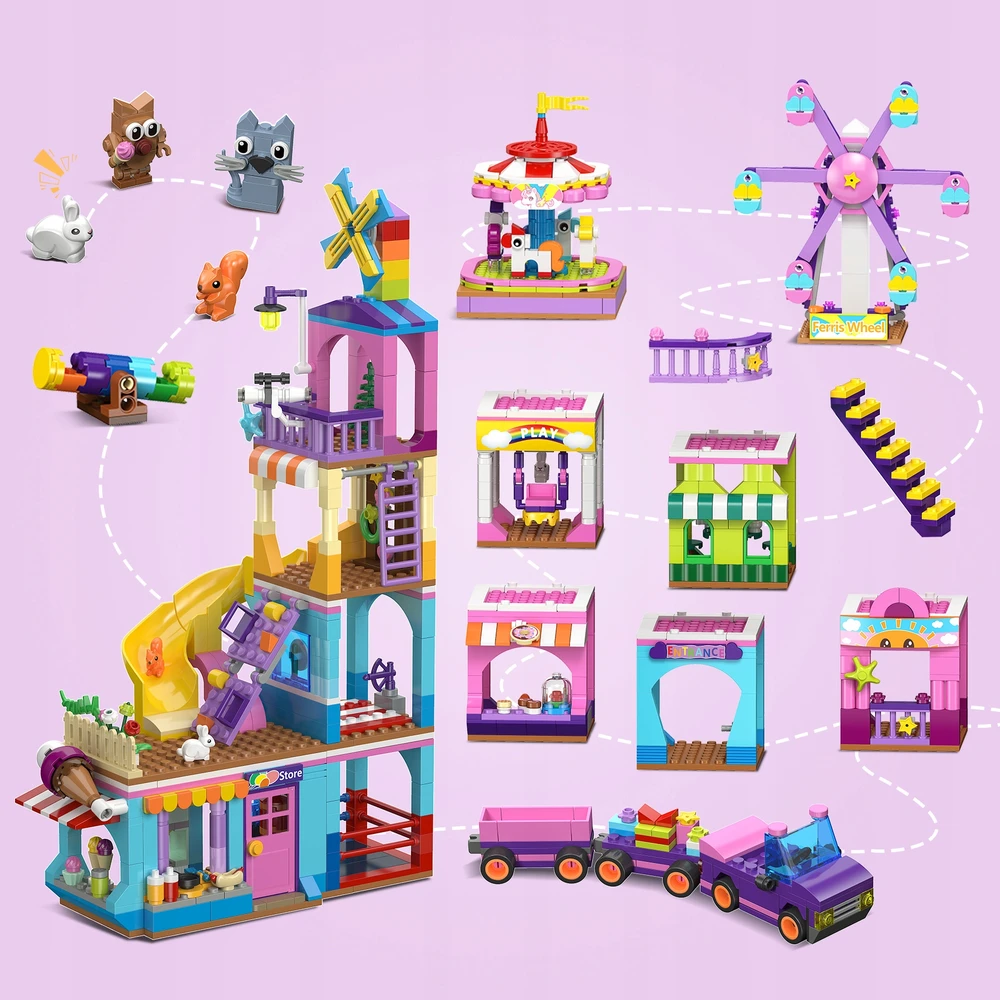 Hogokids BLOKUOJA ŽAIDIMŲ AIKŠTELĖS FUNKCINIS PAGRINDAS 3IN1 SLIDE+FERRIS WHEEL+ KARUSEL