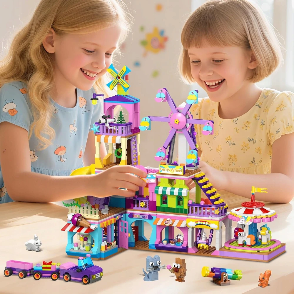 Hogokids BLOKUOJA ŽAIDIMŲ AIKŠTELĖS FUNKCINIS PAGRINDAS 3IN1 SLIDE+FERRIS WHEEL+ KARUSEL