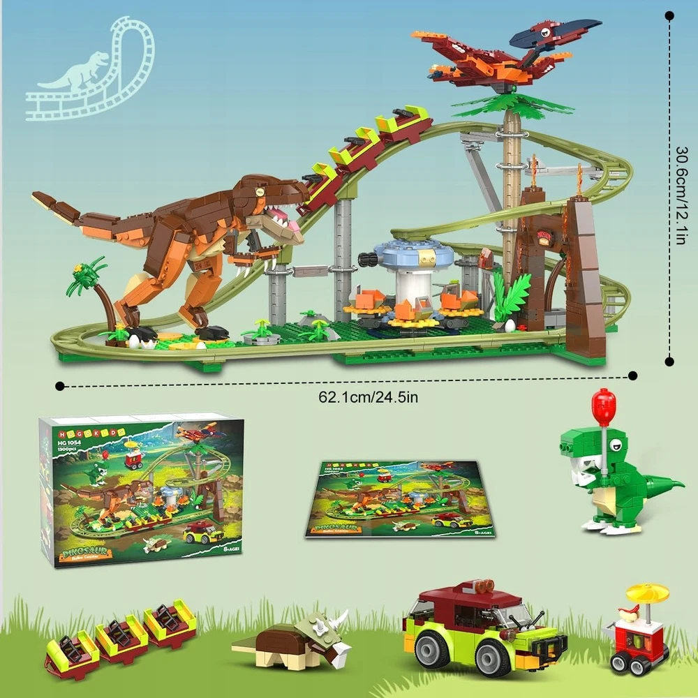 Hogokids DINOZAURŲ BLOKAI ROLLER COAST LENKTYNŲ TRAKAS 1222vnt. DOVANŲ ŽAISLAS VAIKAMS