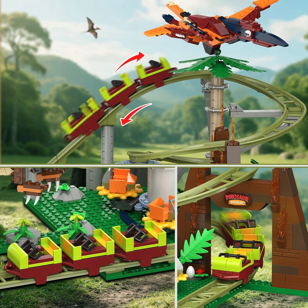 Hogokids DINOZAURŲ BLOKAI ROLLER COAST LENKTYNŲ TRAKAS 1222vnt. DOVANŲ ŽAISLAS VAIKAMS