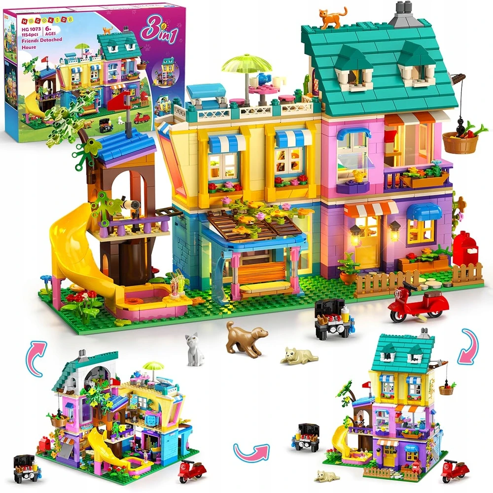 HOGOKIDS Klocki Przyjaciele Dom 3w1 LED Willa 1154 Elementów Rinkinys Prezent dla Dzieci