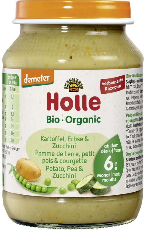 Holle BIO bulvių žirnių cukinijų vakarienė 190g iš 6m Demeter Be glitimo