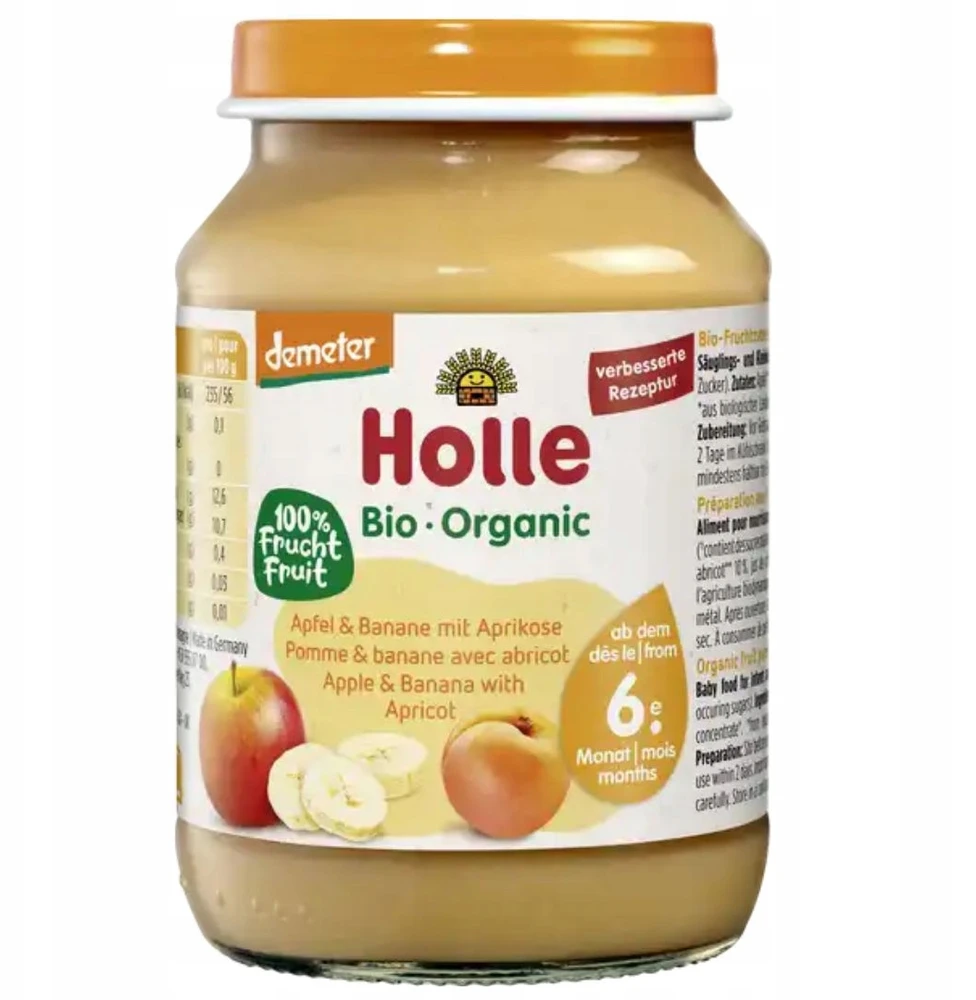HOLLE BIO EKOLOGIŠKAS VAISIŲ DESERTAS OBUOLIŲ BANANŲ ABRIKOSAS 6m 190g