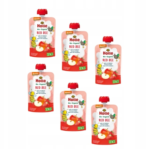 Holle Raudona Bee Mousse Obuolių su braškėmis nuo 8 mėnesių 100 g Ekologiškas