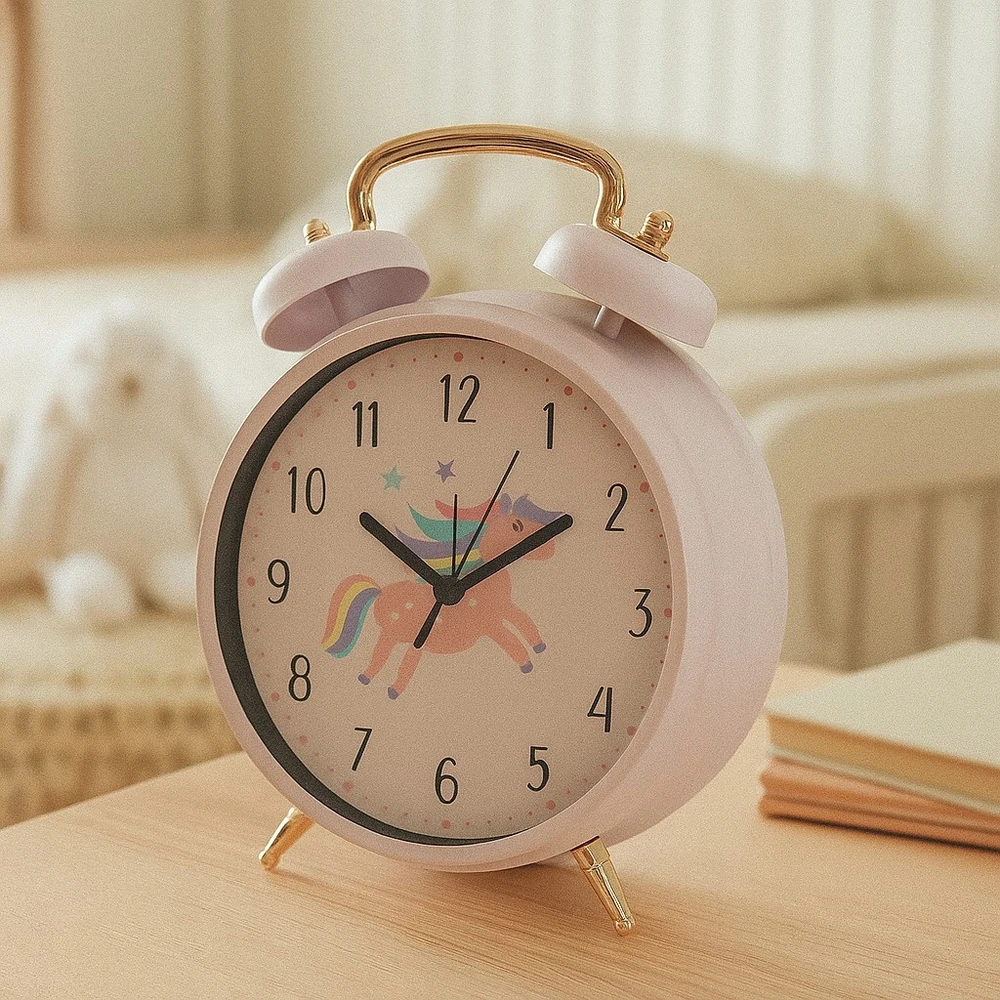 Home Styling Collection BUDZIK DLA DZIECI ROŽINĖ Ø 24 CM Z MOTYWEM ZWIERZĘCYM JEDNOROŻEC