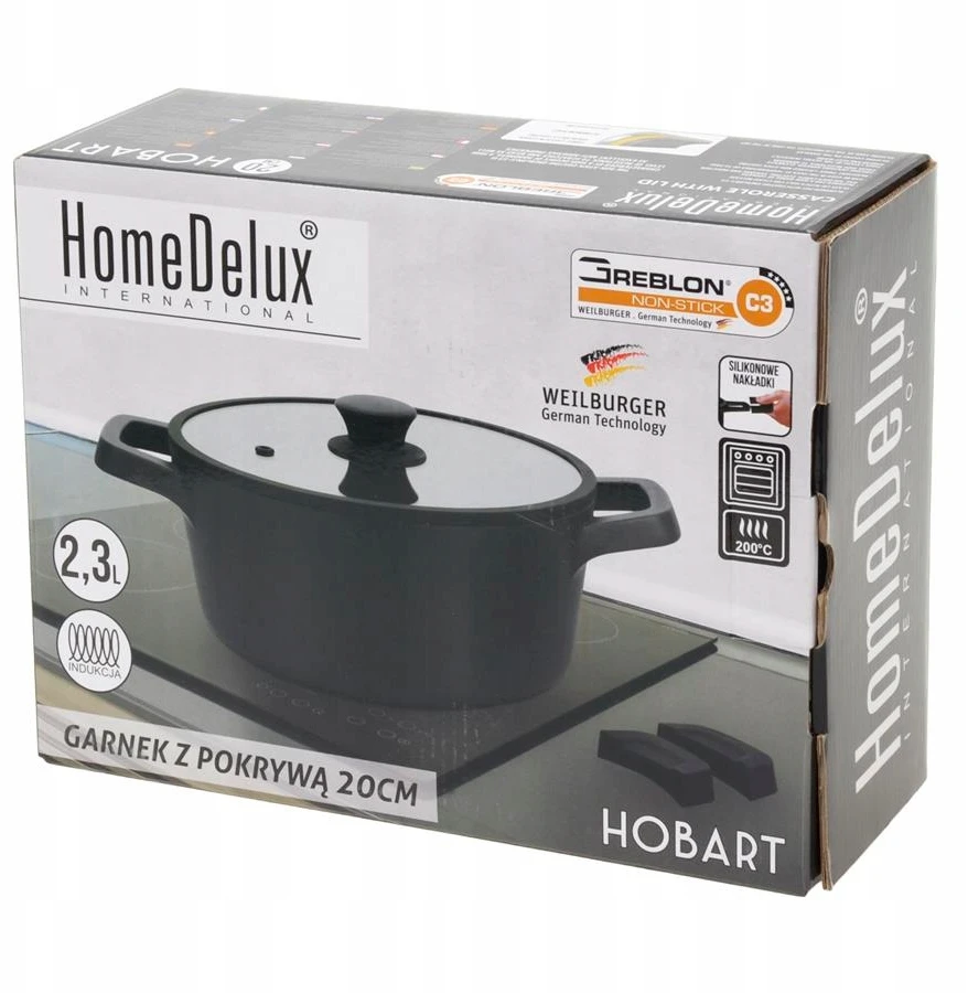 Homedelux PUODAS 20 CM SU DANGIU INDUKCINIŲ DUJŲ GREBLON C3 SILIKONINIAI DANGALAI 2,3L