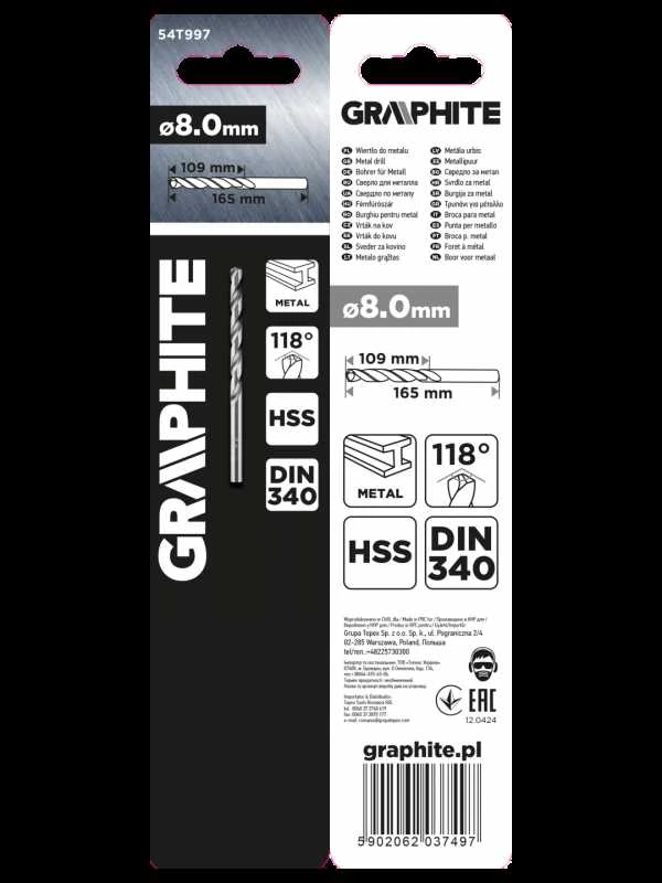 HSS metalinis grąžtas, prailgintas GRAPHITE 54T997 8 mm
