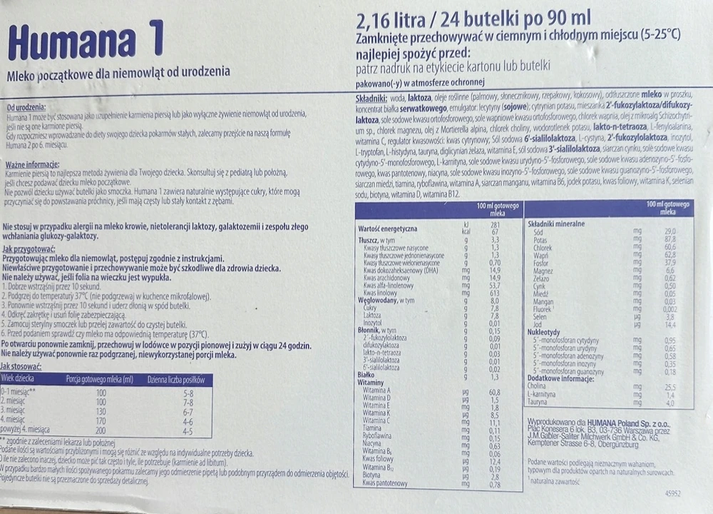 Humana 1 skystas pienas naujagimiams, paruoštas naudoti, 24 x 90 ml