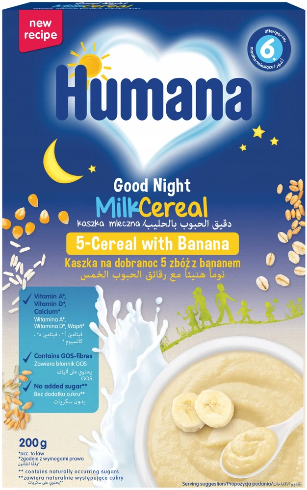 Humana 5 grūdų pieno košė su bananais Miego, 200g