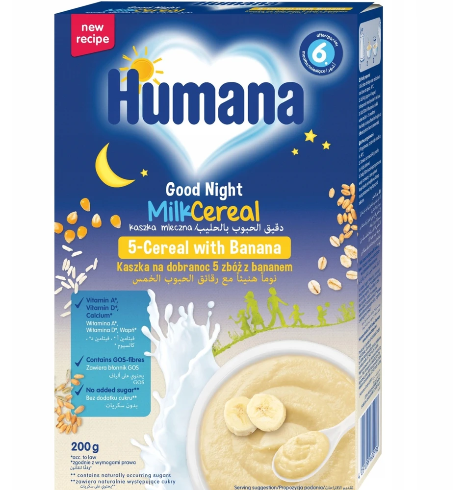 Humana 5 grūdų pieno košė su bananais Miego, 200g