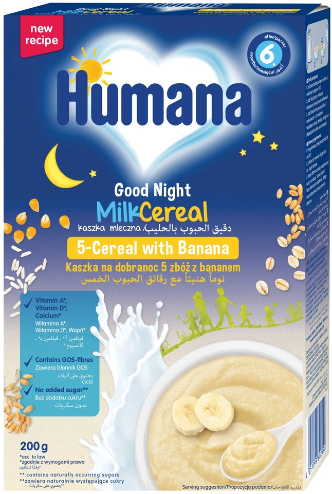 Humana 5 grūdų pieno košė su bananais Miego, 200g