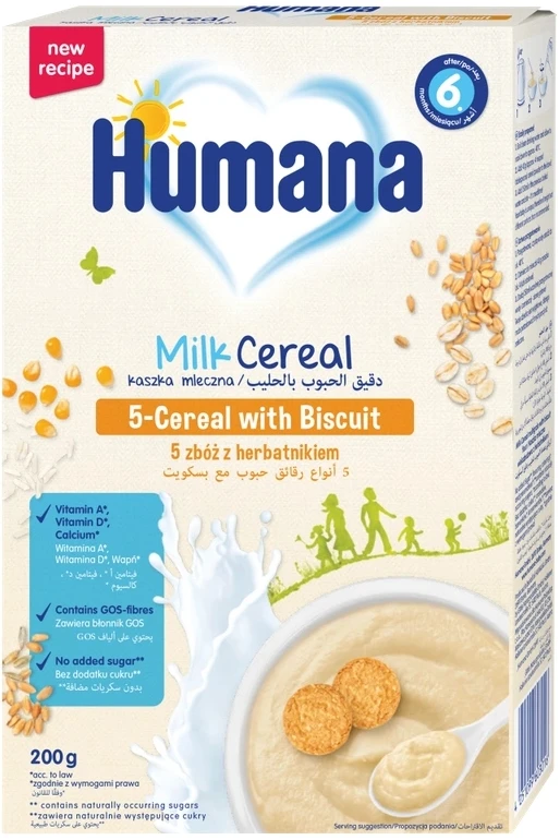 Humana 5 grūdų pieno košė su sausainiais , 6 mėn., 200 g
