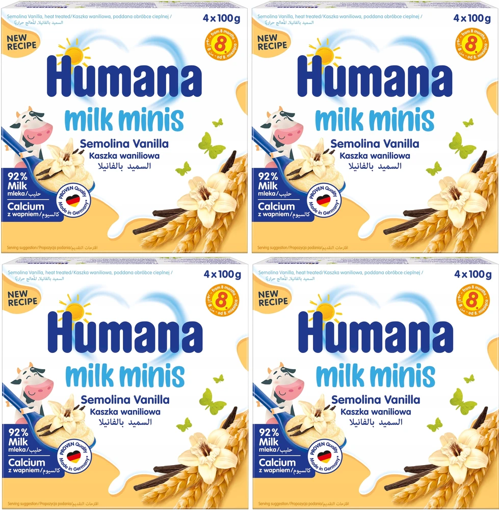 HUMANA PIENO DESERTAS NUO 8 MĖNESIŲ VANILĖS GRŪDŲ 4x100G x4 - DW: 2026-07-29