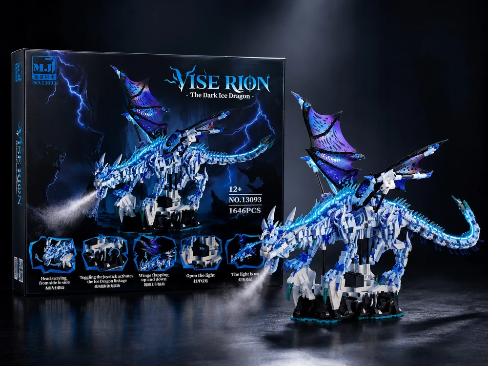Ice Dragon Blocks 1646 vnt. LED judančių sparnų mechaniniai drakono statybiniai blokai