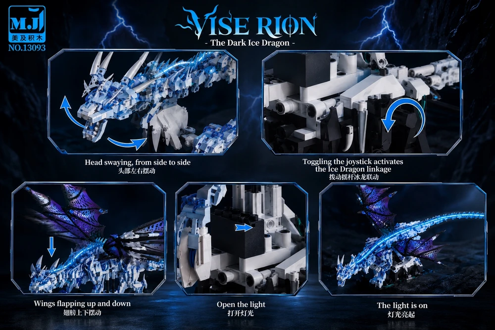 Ice Dragon Blocks 1646 vnt. LED judančių sparnų mechaniniai drakono statybiniai blokai