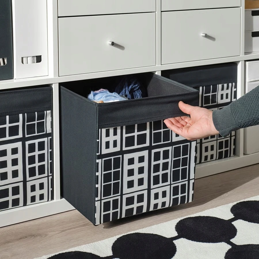 IKEA DRONA pudełko wkład szuflada Kallax, juoda/wzór okna