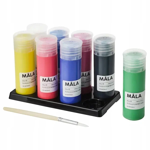 Ikea Mala dažai su palete ir teptuku, 8 vnt.