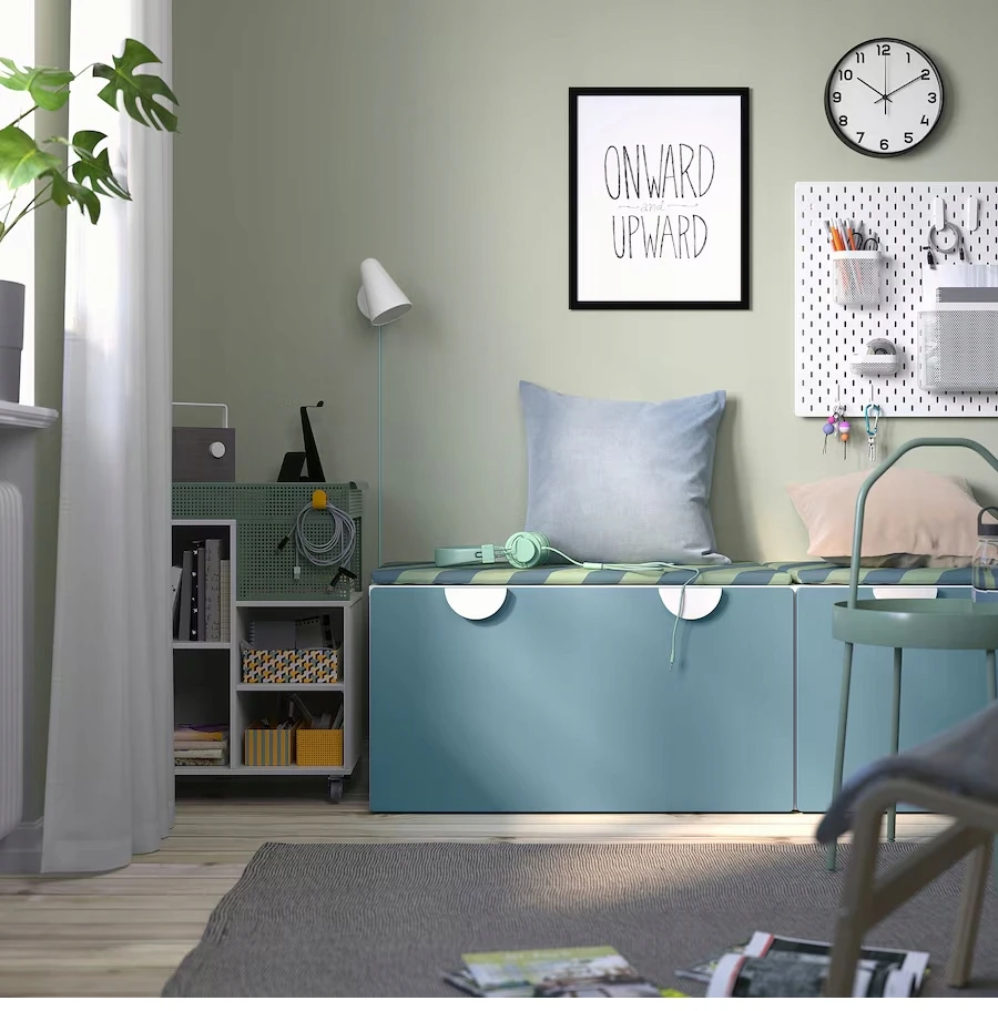 IKEA SMASTAD Ławka su pojemnikiem na zabawki, balta/mėlyna, 90x52x48 cm