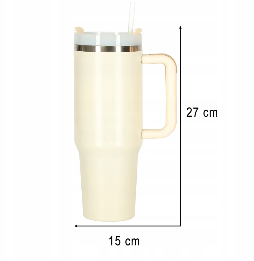Ikonka Termo puodelis ze słomką i laikikliu termos 1200ml kreminė
