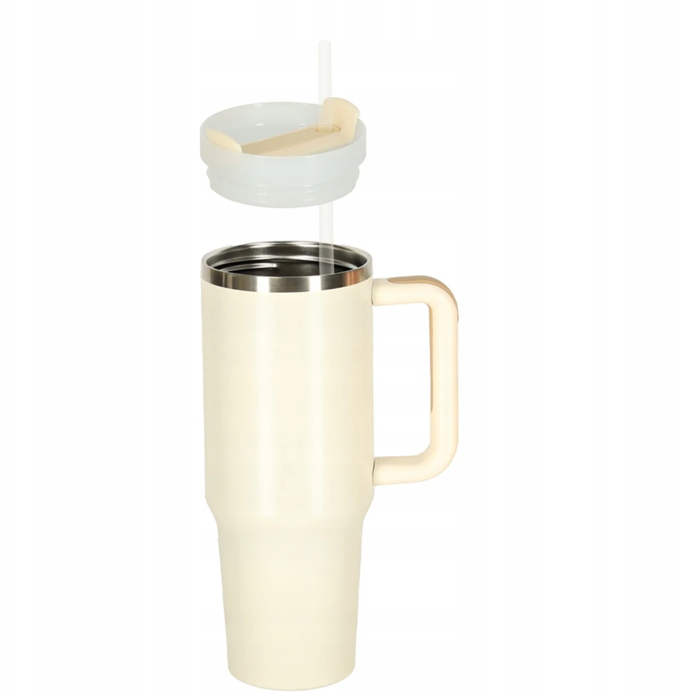 Ikonka Termo puodelis ze słomką i laikikliu termos 1200ml kreminė