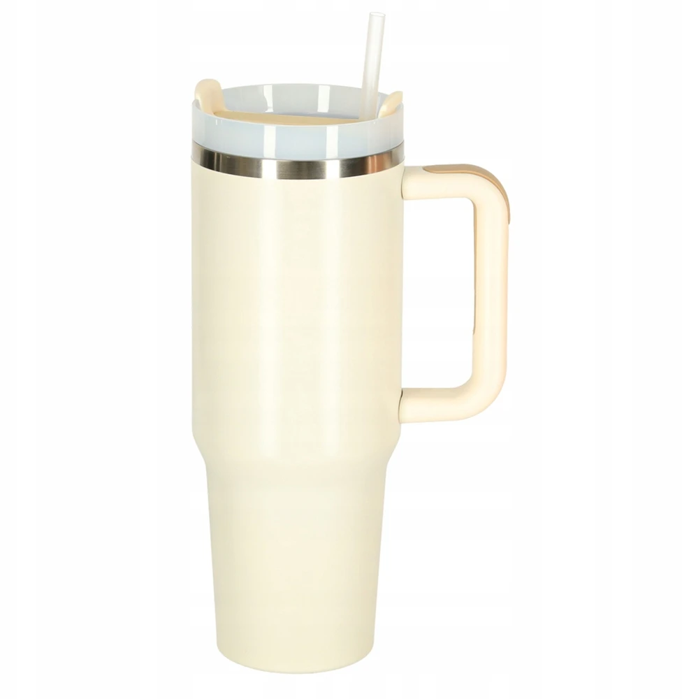 Ikonka Termo puodelis ze słomką i laikikliu termos 1200ml kreminė