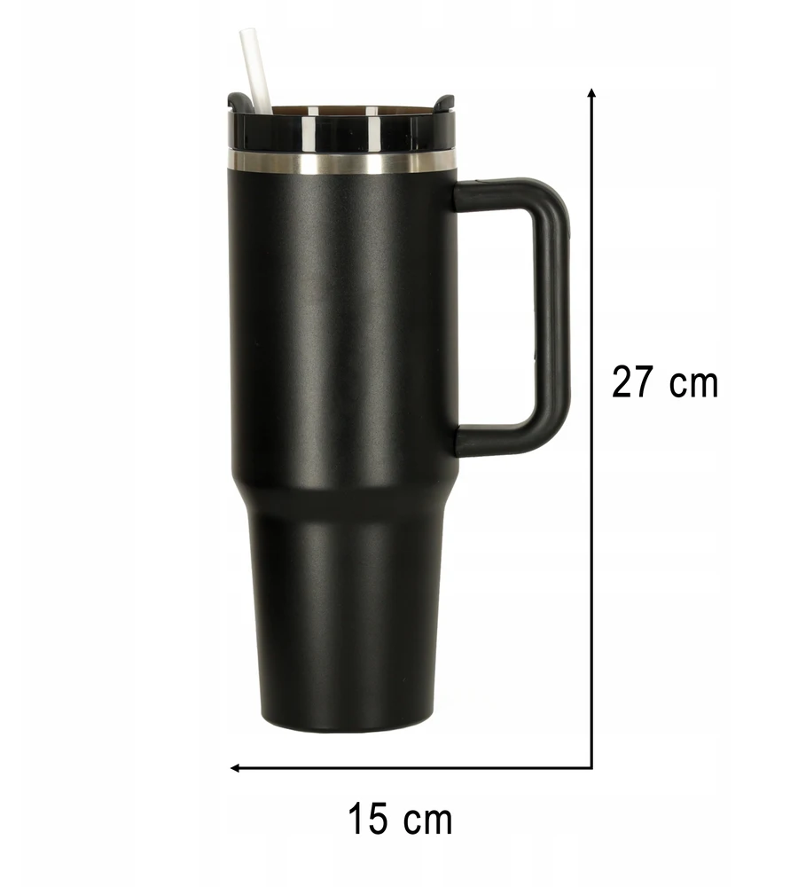 Ikonka Termo puodelis ze słomką i laikikliu termos 1200ml juoda