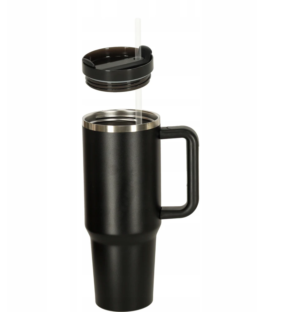 Ikonka Termo puodelis ze słomką i laikikliu termos 1200ml juoda