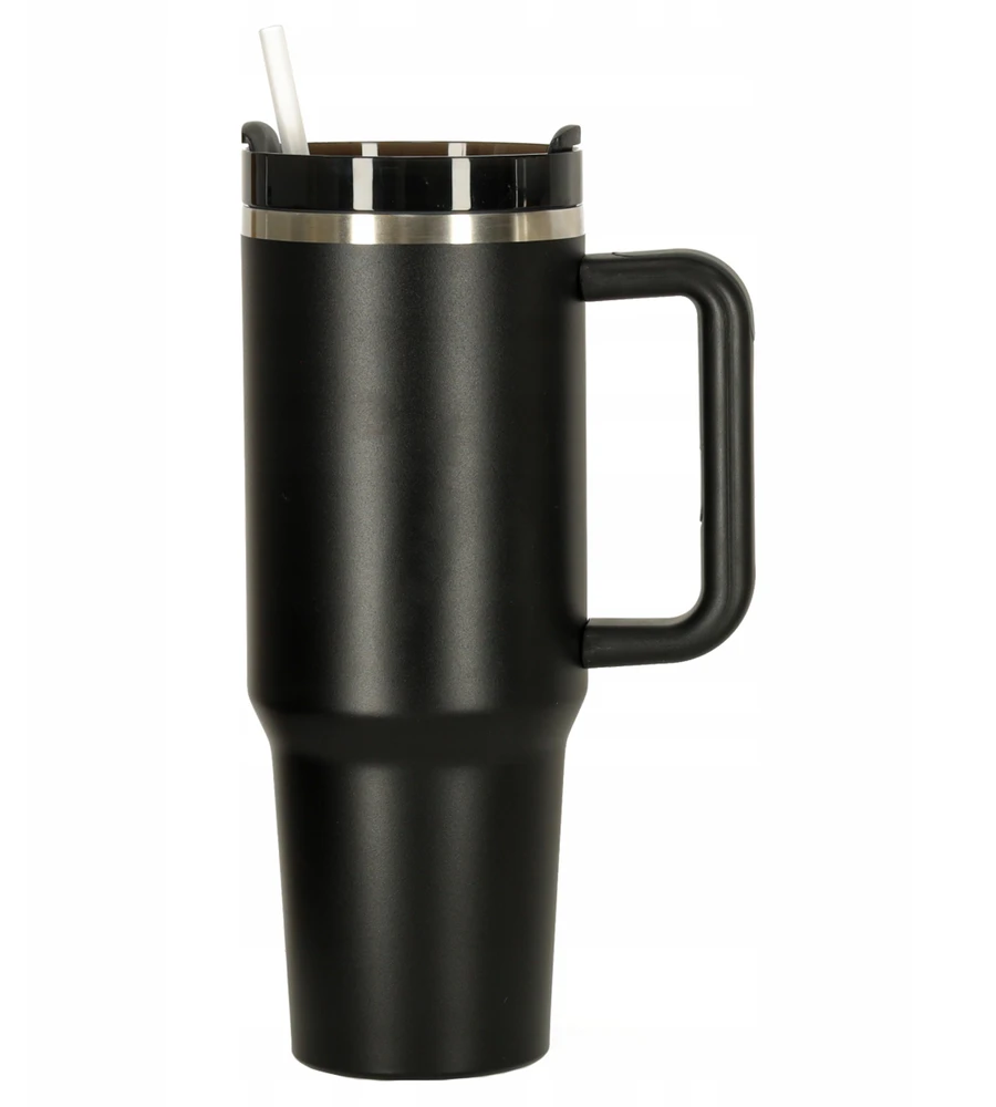 Ikonka Termo puodelis ze słomką i laikikliu termos 1200ml juoda