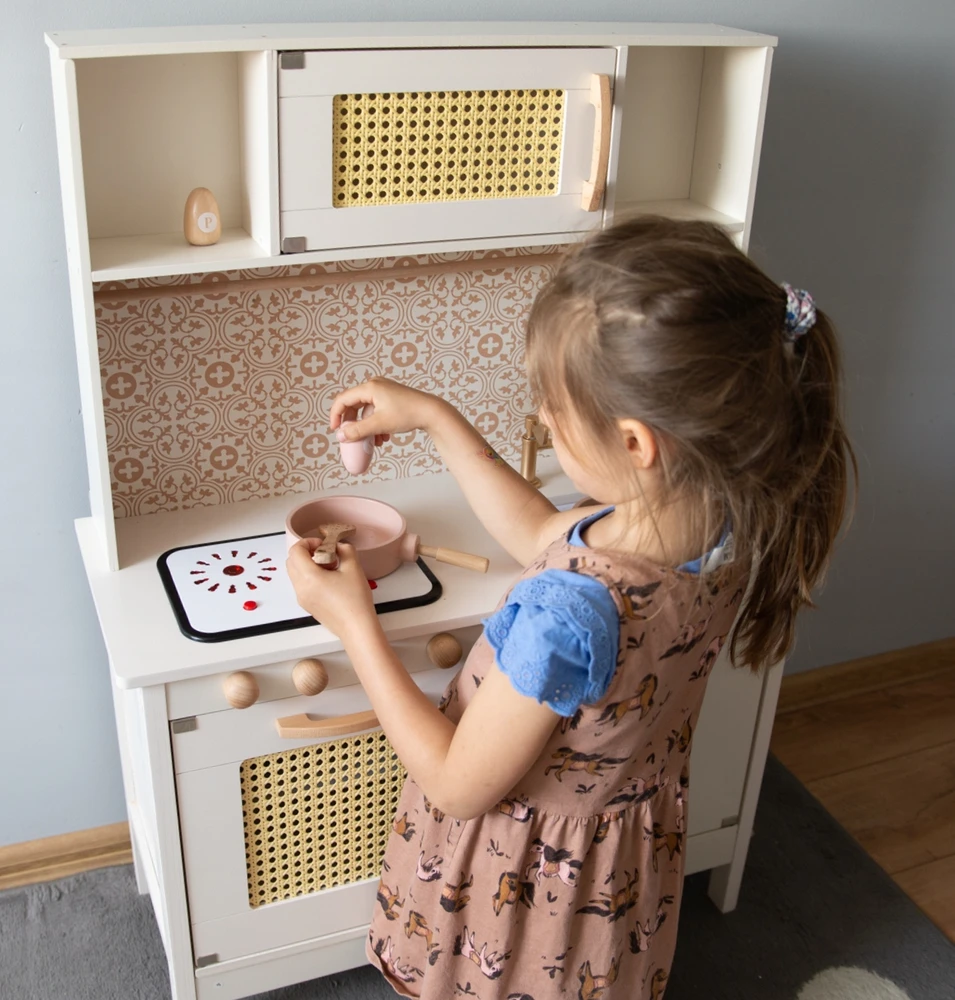 Ikonka VAIKŲ VIRTUVĖ MEDINĖ RETRO BOHO 2in1 INDAI PRIEDAI DIDELIS XXL