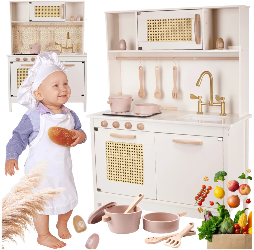 Ikonka VAIKŲ VIRTUVĖ MEDINĖ RETRO BOHO 2in1 INDAI PRIEDAI DIDELIS XXL