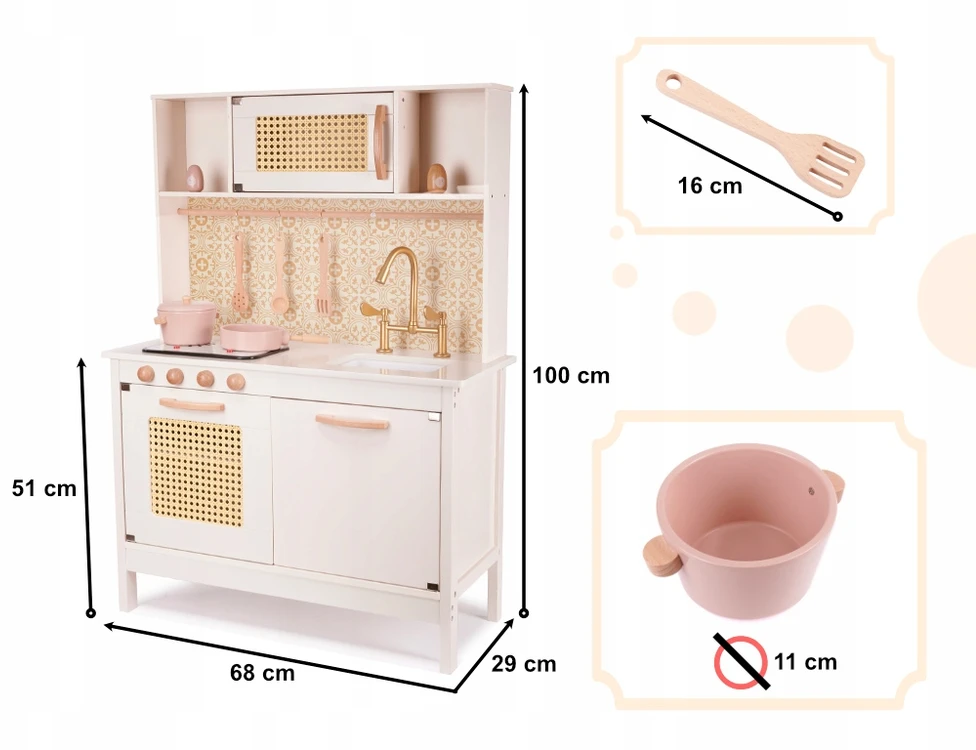Ikonka VAIKŲ VIRTUVĖ MEDINĖ RETRO BOHO 2in1 INDAI PRIEDAI DIDELIS XXL
