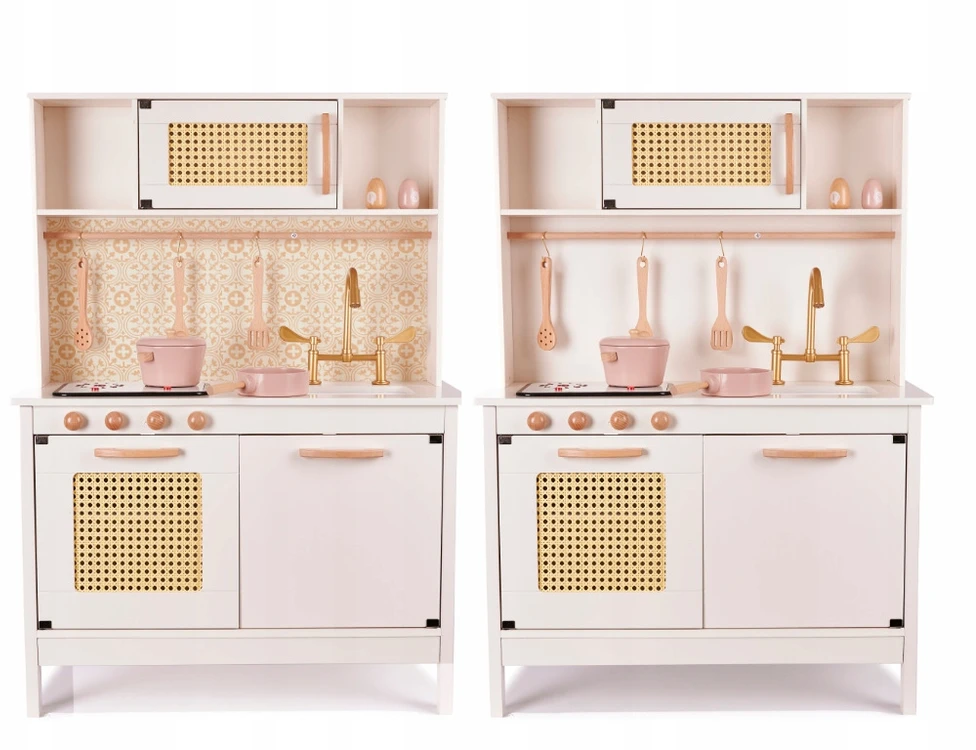Ikonka VAIKŲ VIRTUVĖ MEDINĖ RETRO BOHO 2in1 INDAI PRIEDAI DIDELIS XXL