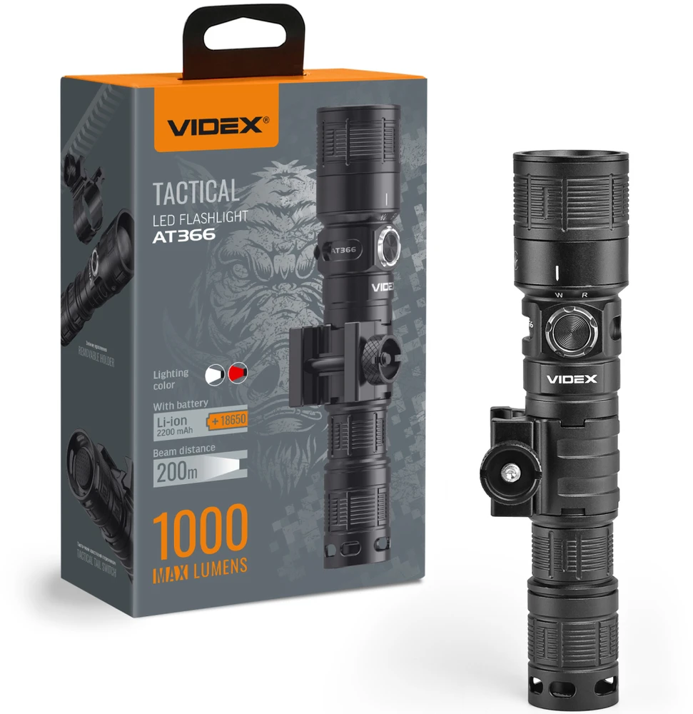 Įkraunamas 10 W LED žibintuvėlis su raudona šviesa Videx, su reguliuojamu priartinimu (Zoom) ir taktiniu mygtuku