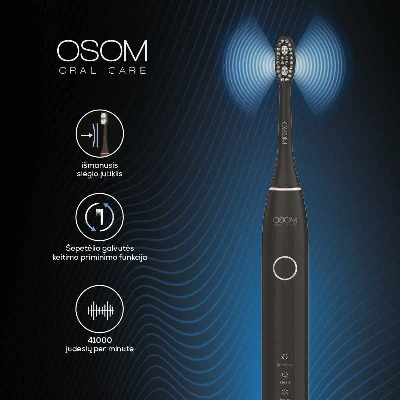 Įkraunamas, elektrinis, garsinis dantų šepetėlis OSOM Oral Care Sonic Elektrinis dantų šepetėlis Juodas OSOMORALV10BL, juodos spalvos