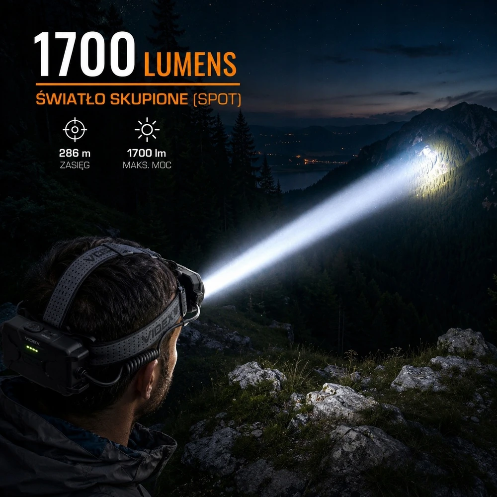 Įkraunamas LED galvos žibintas su jutikliu 20W Videx, Li-ion 2x18650 2200mAh