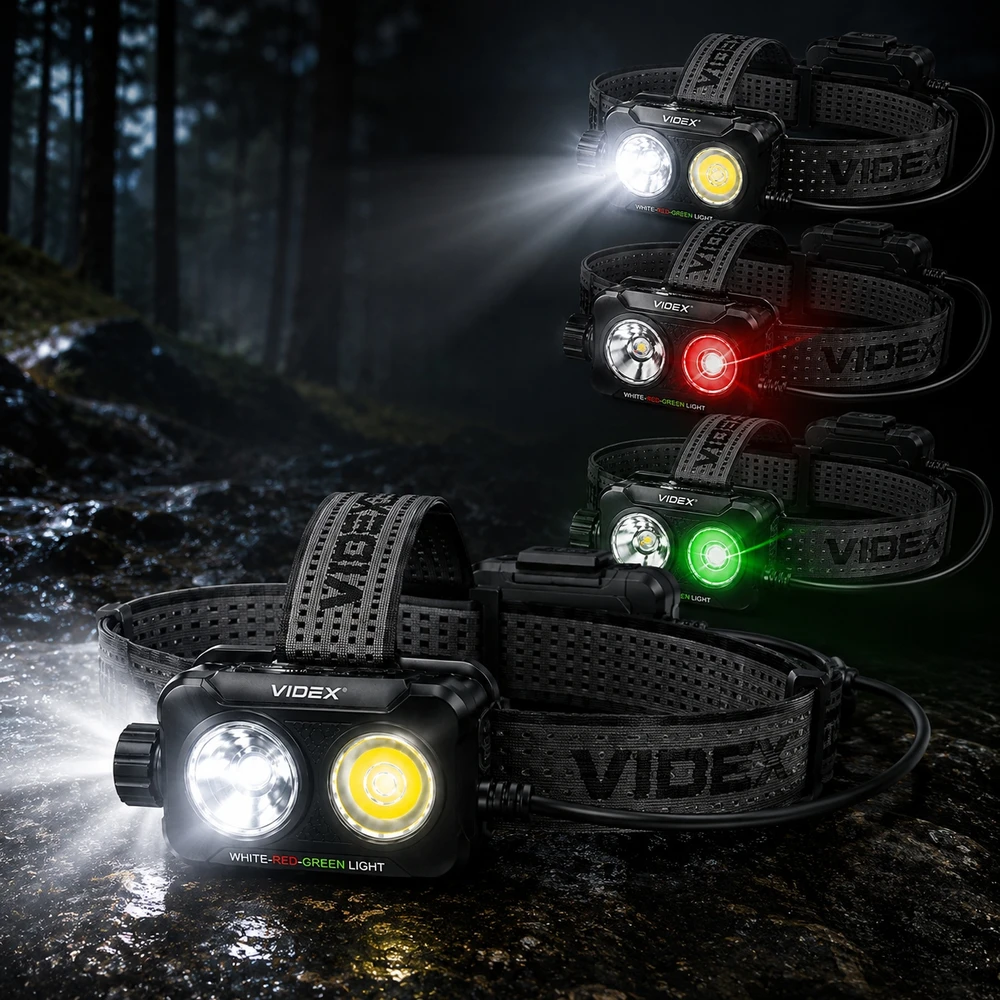 Įkraunamas LED galvos žibintas su jutikliu 20W Videx, Li-ion 2x18650 2200mAh