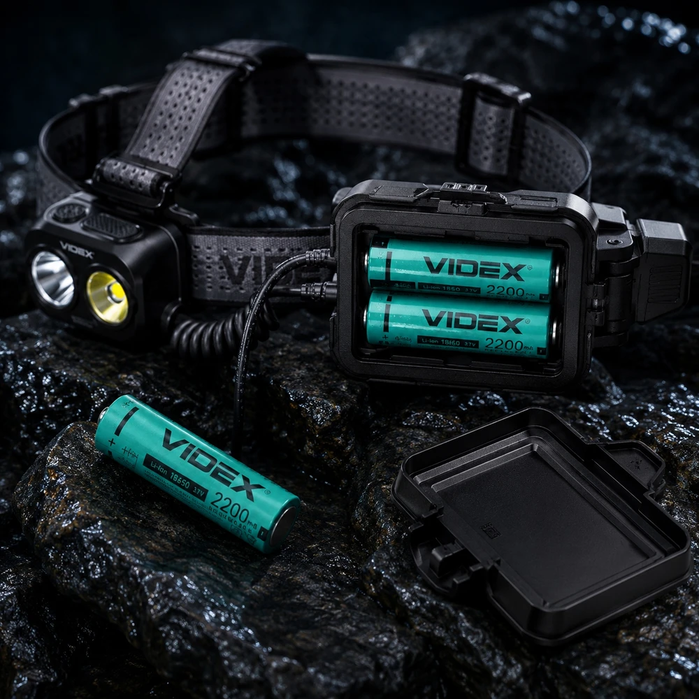 Įkraunamas LED galvos žibintas su jutikliu 20W Videx, Li-ion 2x18650 2200mAh