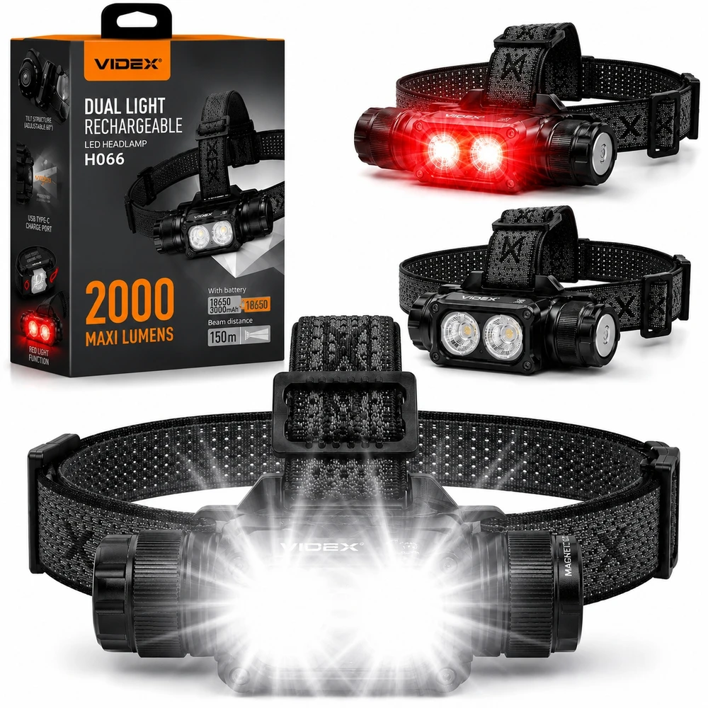Įkraunamas priekinis žibintuvėlis Videx LED 10W + 20W + Raudonas, 2000 lm, VLF-H066A