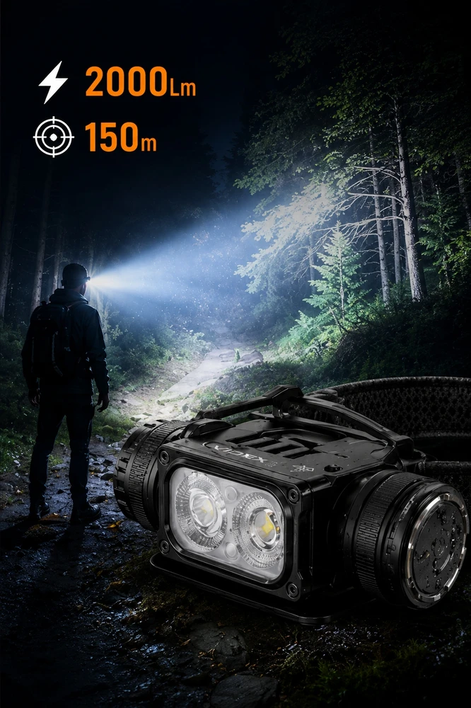 Įkraunamas priekinis žibintuvėlis Videx LED 10W + 20W + Raudonas, 2000 lm, VLF-H066A