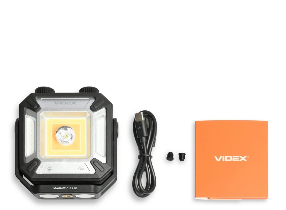 Įkraunamas žibintuvėlis Videx LED 10W + 15W + 3W Raudonas/Žalias, VLF-M048, su magnetu
