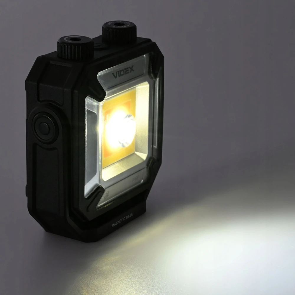 Įkraunamas žibintuvėlis Videx LED 10W + 15W + 3W Raudonas/Žalias, VLF-M048, su magnetu