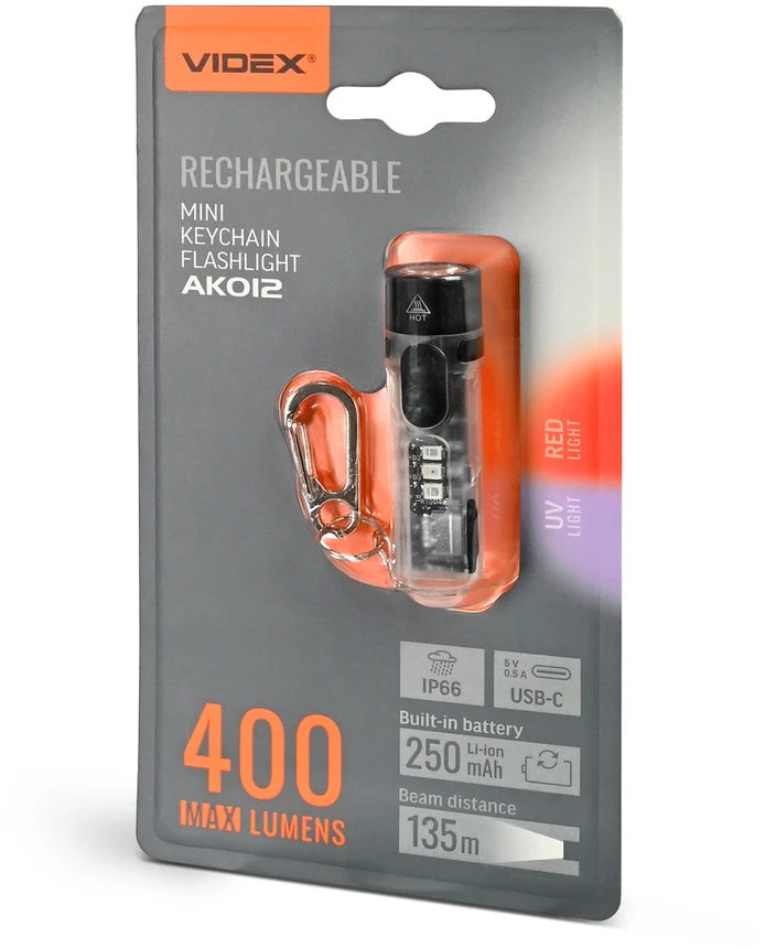 Įkraunamas žibintuvėlis Videx Mini LED + Raudonas/UV, 400lm, VLF-AK012, raktų pakabukas