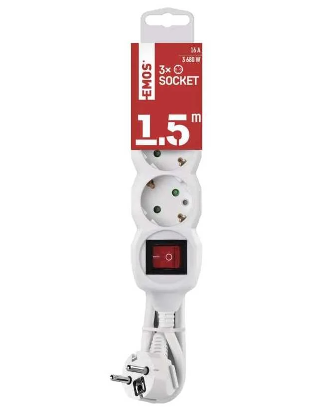 Emos Ilgiklis 3 lizdų 1.5m su įžeminimu, su jungikliu (baltas) 1.5mm²