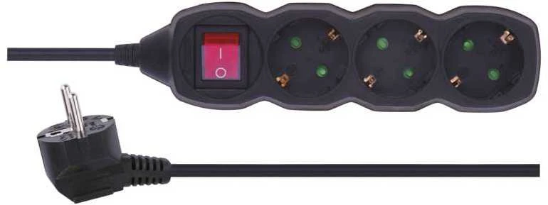 Emos Ilgiklis 3 lizdų 1.5m su įžeminimu, su jungikliu (juodas) 1.5mm²