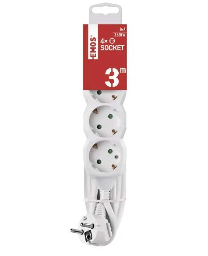 Emos Ilgiklis 4 lizdų 3.0m su įžeminimu (baltas) 1.5mm²