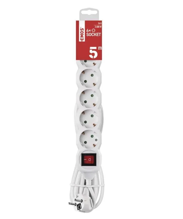 Emos Ilgiklis 5 lizdų 5m su įžeminimu, su jungikliu 3x1.5 mm² baltas