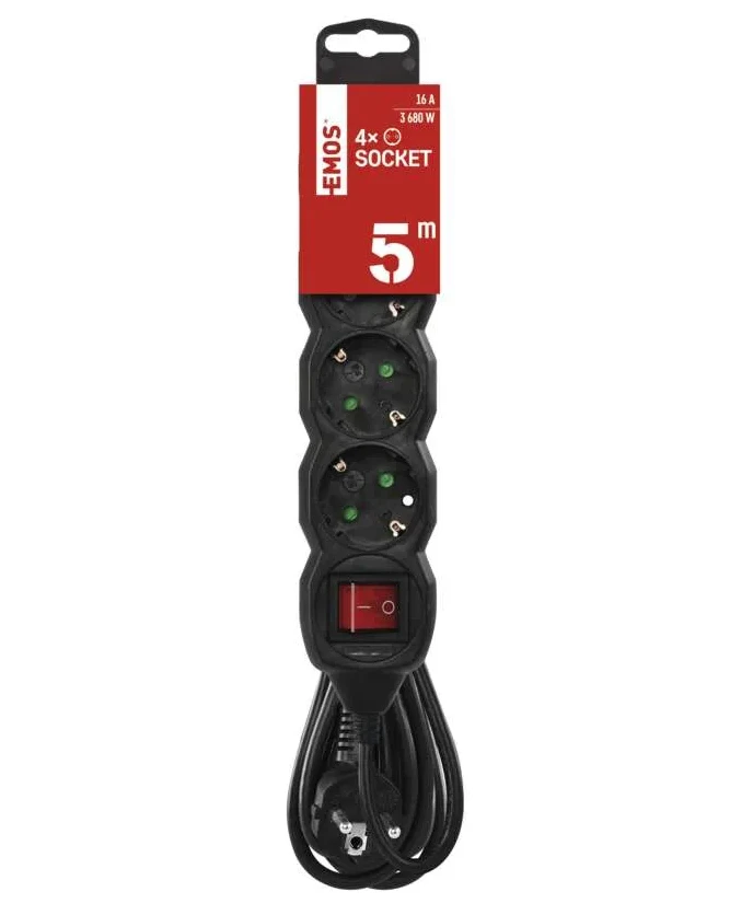 Emos Ilgiklis 5 lizdų 5m su įžeminimu, su jungikliu 3x1.5 mm² baltas