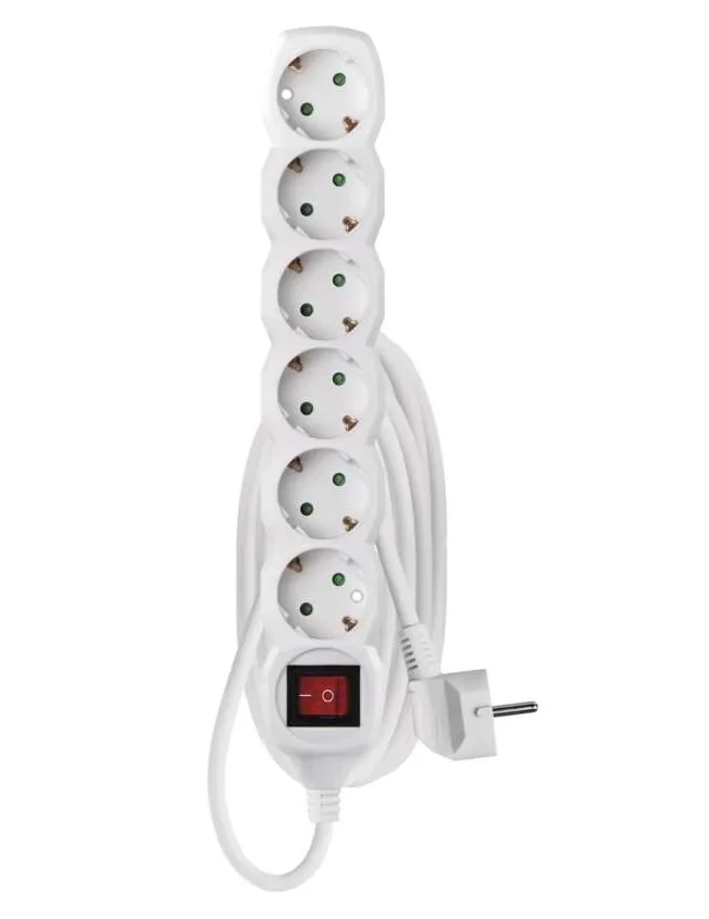 Emos Ilgiklis 6 lizdų 5.0m su įžeminimu (baltas), su jungikliu 1.5mm²