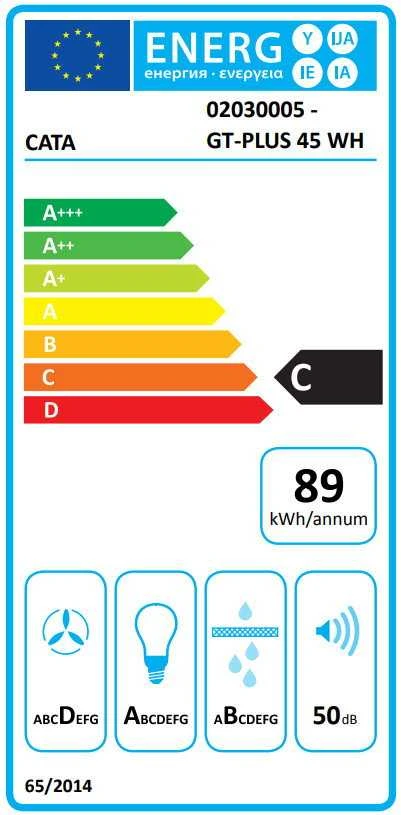 CATA | Gartraukis | GT-PLUS 45 WH/M | Stovas | Energijos vartojimo efektyvumo klasė C | Plotis 60 cm | 645 m³/h | Mechaninis valdymas | CSLED | Baltas