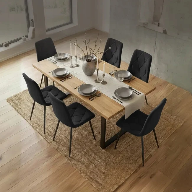 Impor 6xKERI Minkštų dygsniuotų Velvet Velvet kėdžių rinkinys Juoda